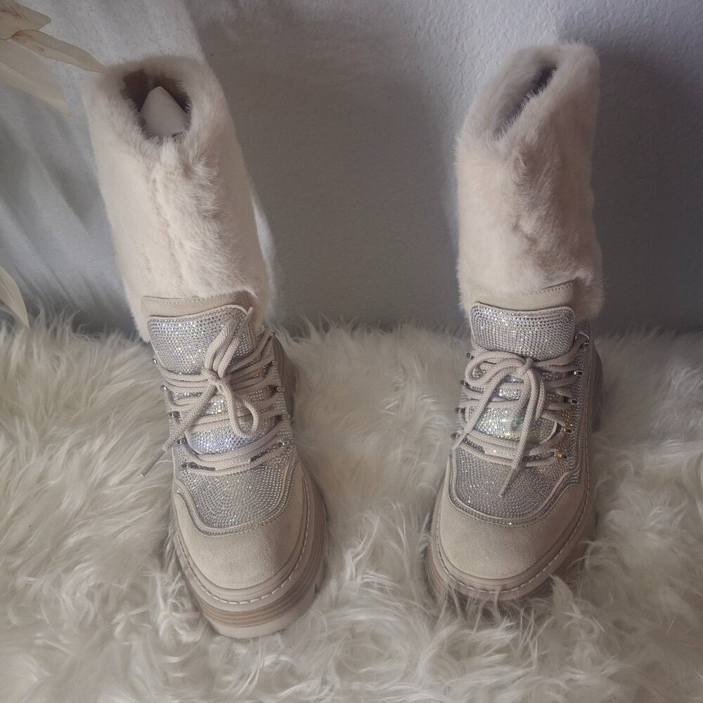 Michael Kors Shiloh Embellished Mixed Media Boot, ( size 8 ), ( color Bone )